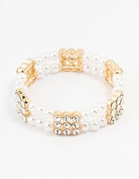 Gold Diamante & Pearl Multiple Layer Bracelet