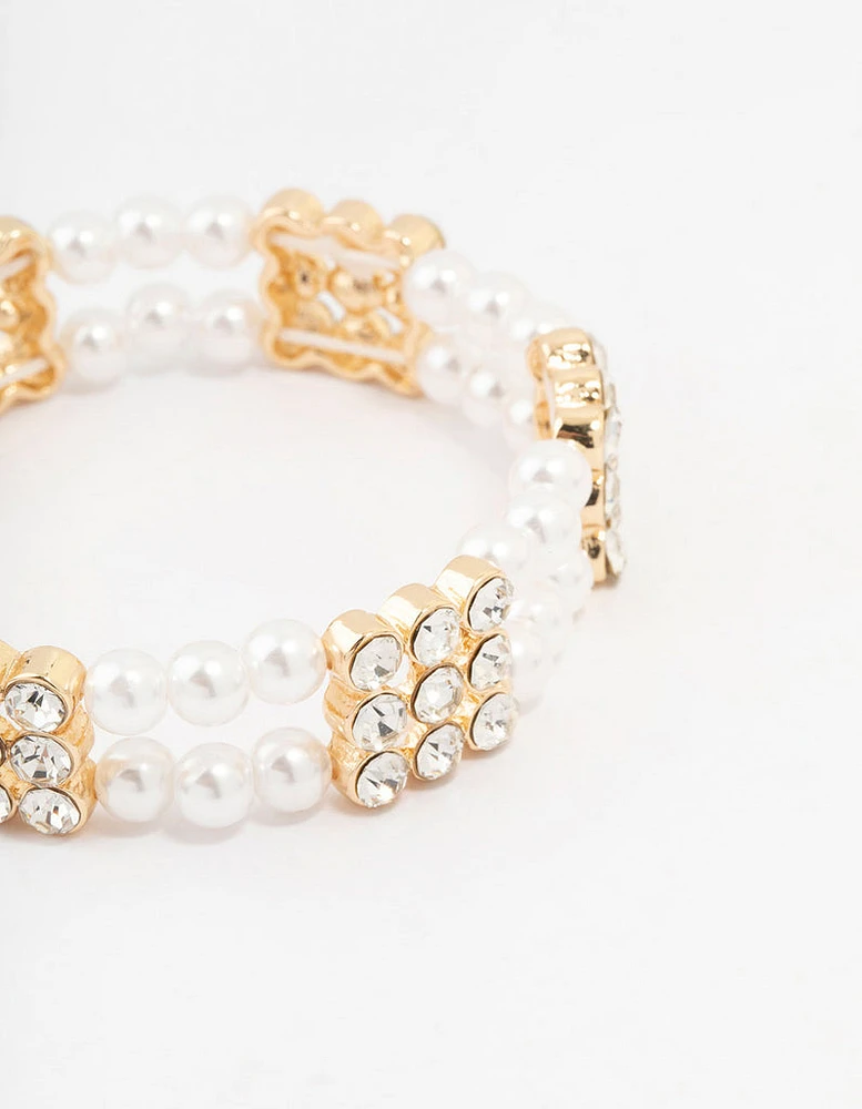 Gold Diamante & Pearl Multiple Layer Bracelet