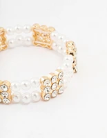 Gold Diamante & Pearl Multiple Layer Bracelet