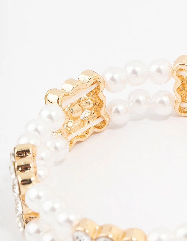 Gold Diamante & Pearl Multiple Layer Bracelet