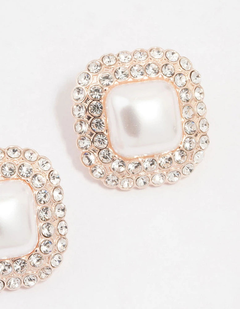 Rose Gold Large Pearl & Diamante Stud Earrings