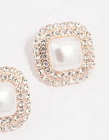 Rose Gold Large Pearl & Diamante Stud Earrings