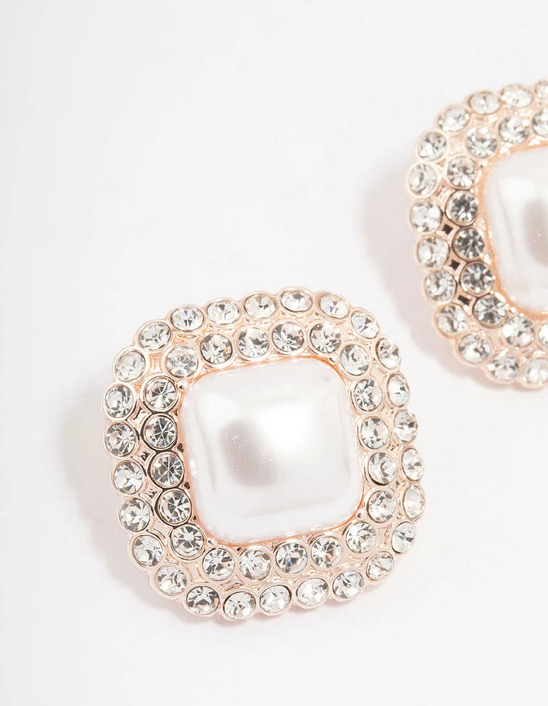 Rose Gold Large Pearl & Diamante Stud Earrings