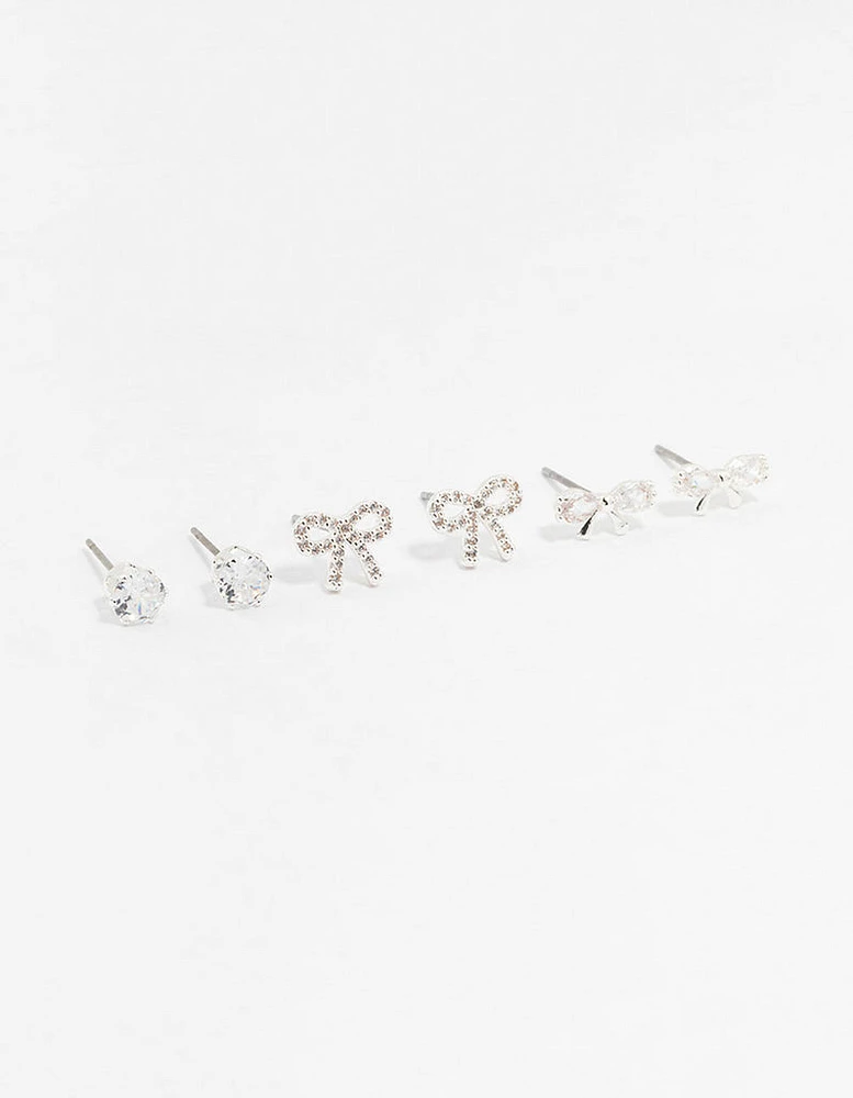 Silver Cubic Zirconia Sweet Bow Stud Earrings 3-Pack