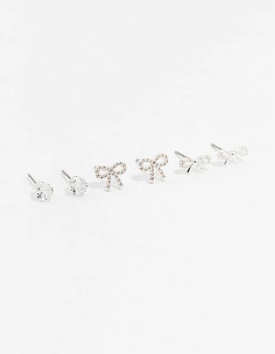 Silver Cubic Zirconia Sweet Bow Stud Earrings 3-Pack