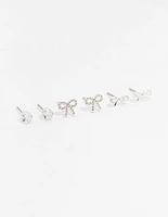 Silver Cubic Zirconia Sweet Bow Stud Earrings 3-Pack