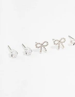 Silver Cubic Zirconia Sweet Bow Stud Earrings 3-Pack