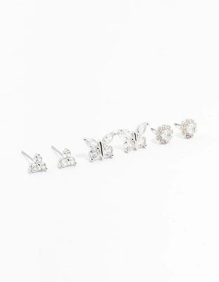 Rhodium Cubic Zirconia Butterfly Stud Earrings 3-Pack