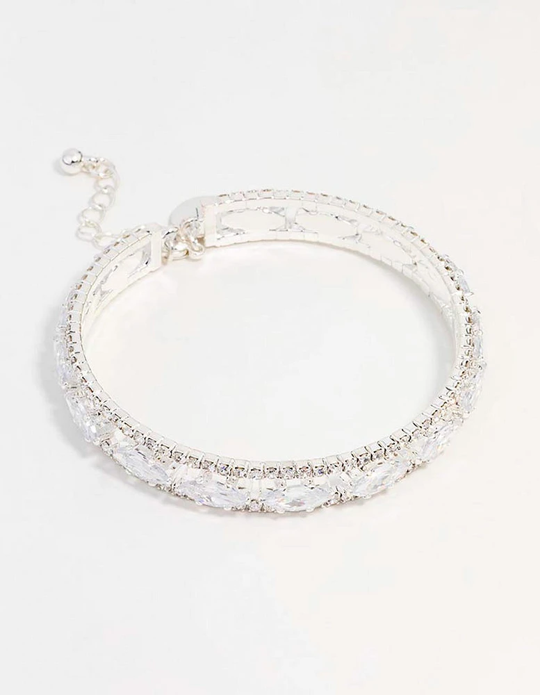 Silver Cubic Zirconia Marquise Statement Bangle Bracelet