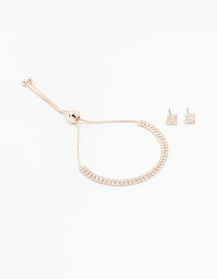 Rose Gold Cubic Zirconia Square Earrings & Tennis Bracelet Set