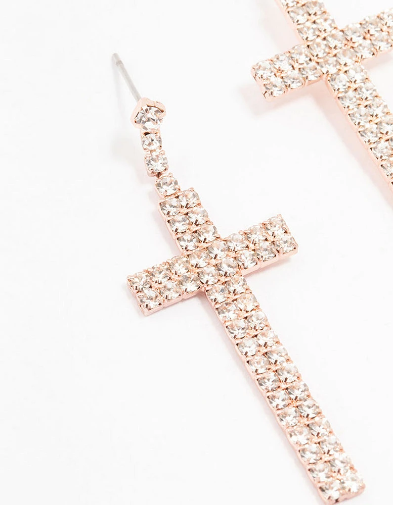 Rose Gold Bling Cross Drop Earrings