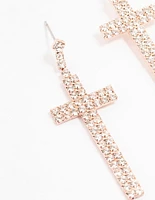 Rose Gold Bling Cross Drop Earrings