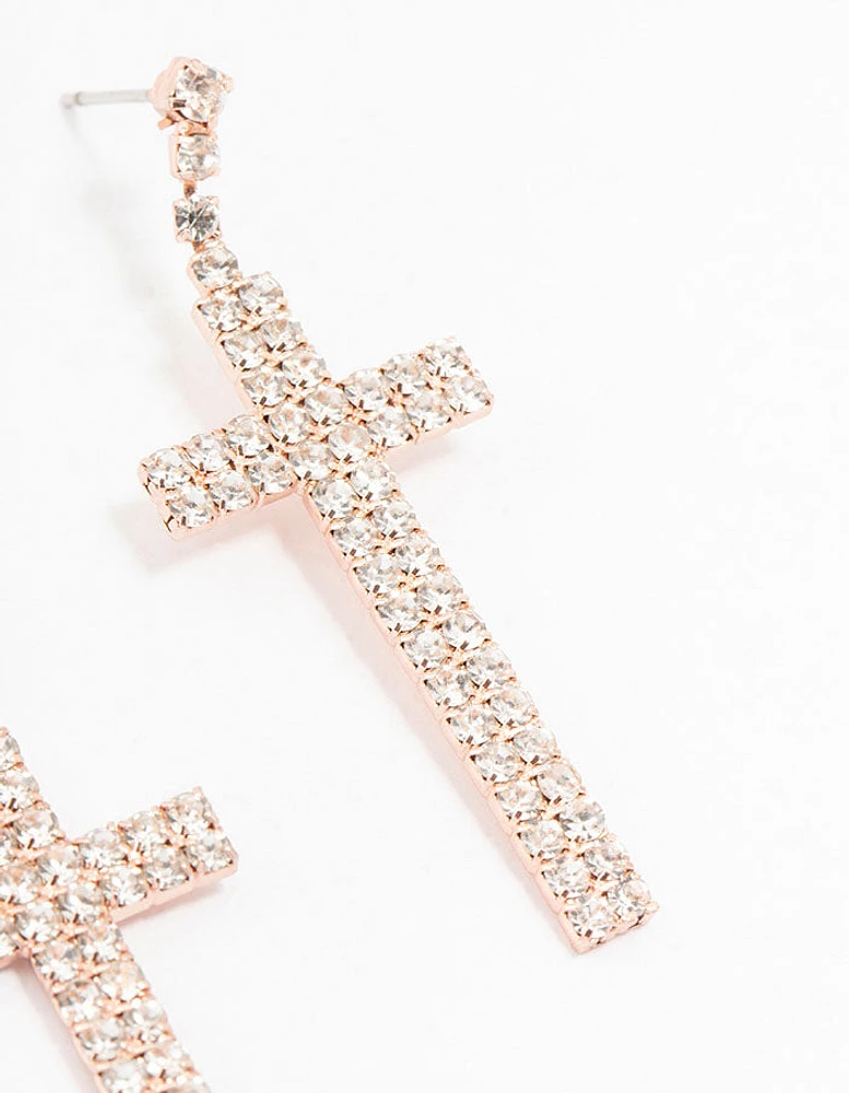 Rose Gold Bling Cross Drop Earrings