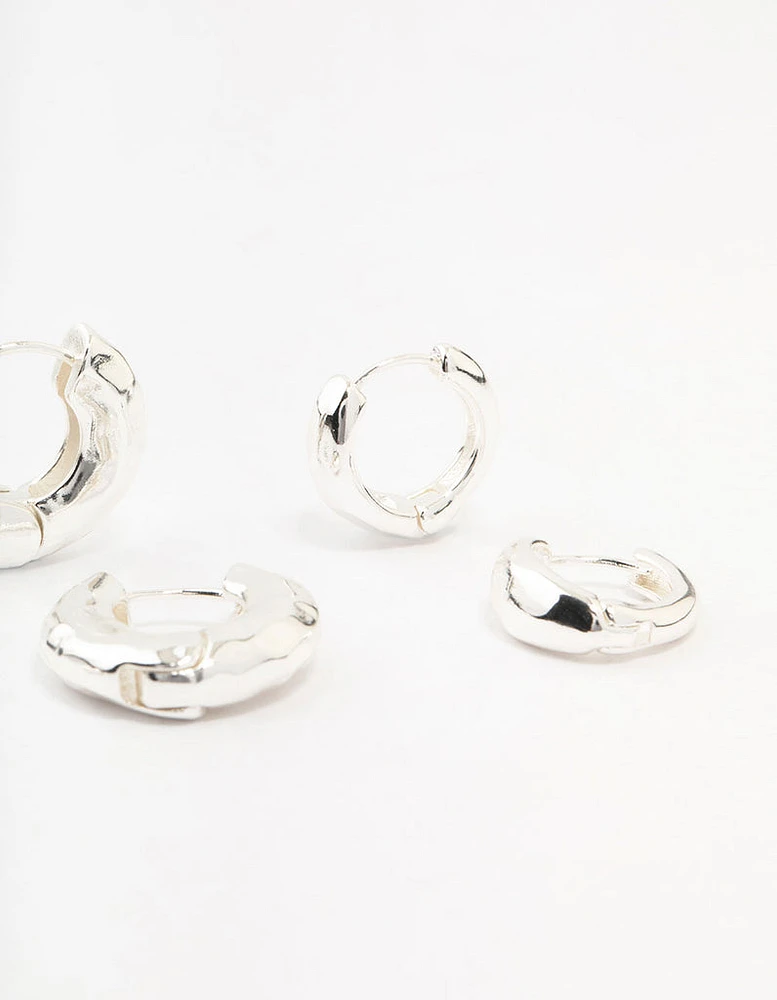 Silver Plated Hammered Graduating Hoop Earrings 3-Pack