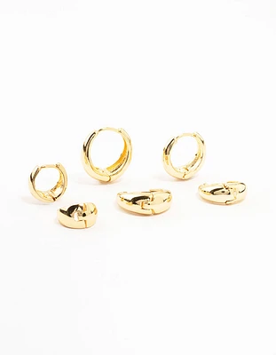 Classic Gold Plated Brass Chunky Hoop Earrings 3-Pack