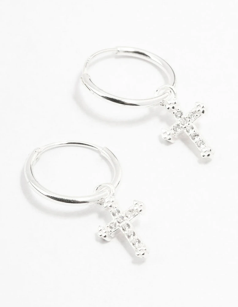 Sterling Silver Cubic Zirconia Cross Hoop Earrings