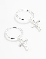 Sterling Silver Cubic Zirconia Cross Hoop Earrings