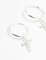 Sterling Silver Cubic Zirconia Cross Hoop Earrings