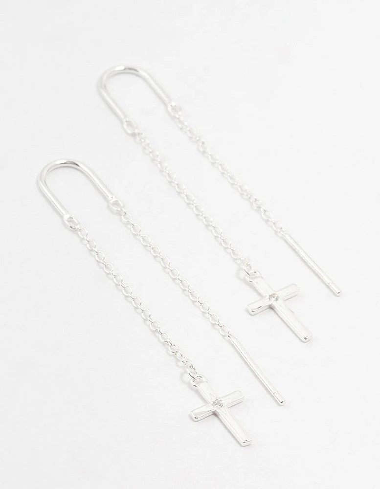 Sterling Silver Thread Through Cross Drop Earrings