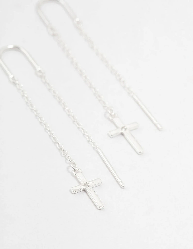 Sterling Silver Thread Through Cross Drop Earrings