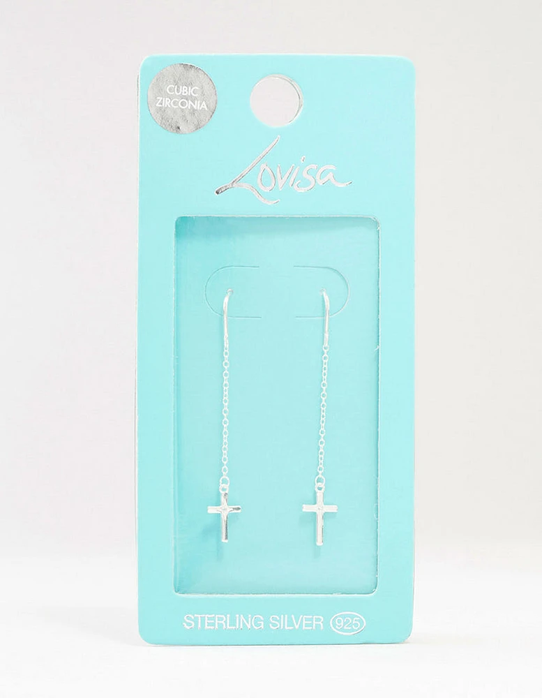 Sterling Silver Thread Through Cross Drop Earrings