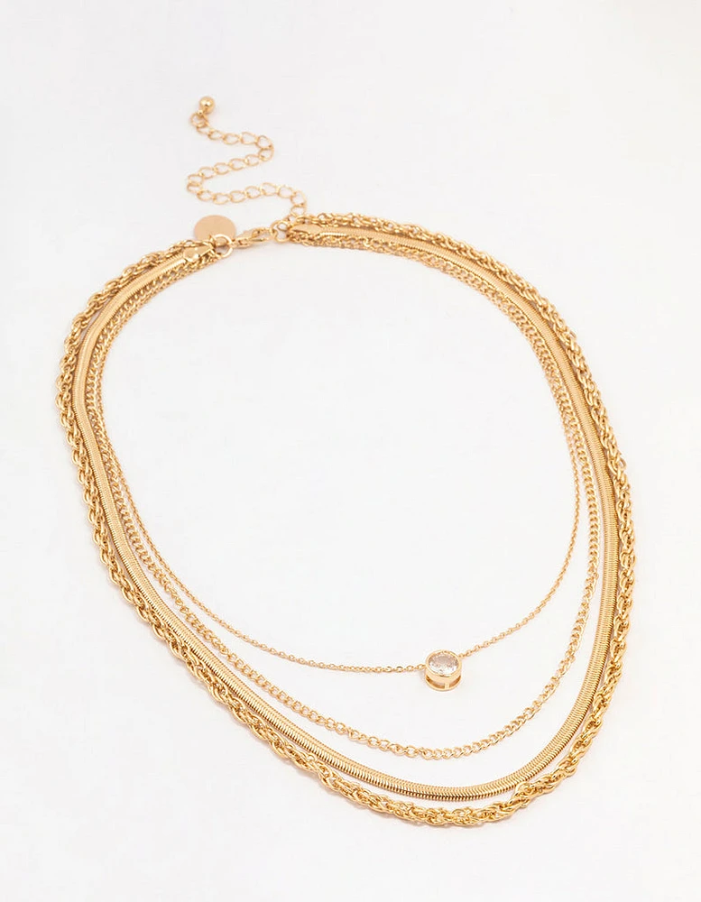 Gold Multi Chain Bezel Cubic Zirconia Chain Necklace