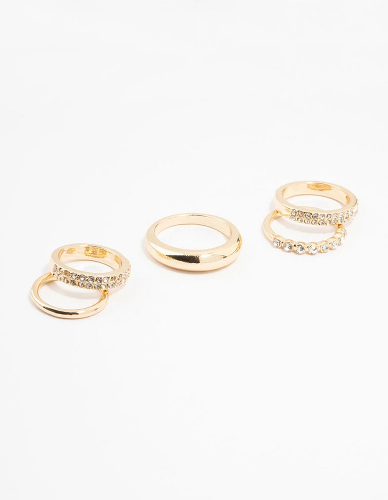 Gold Thick Diamante Band Rings 5-Pack