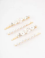 Gold Diamante & Flower Pearl Clips 4-Pack