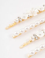 Gold Diamante & Flower Pearl Clips 4-Pack