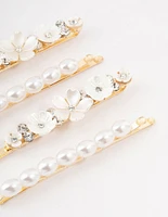 Gold Diamante & Flower Pearl Clips 4-Pack