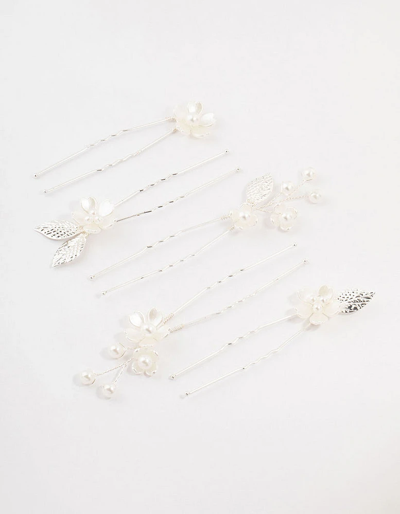 Silver Wire Flower & Pearl Bridal Hair Pins