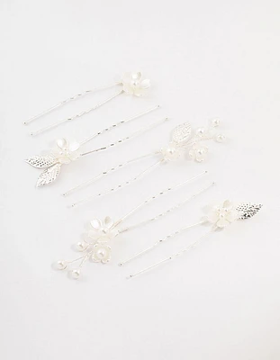 Silver Wire Flower & Pearl Bridal Hair Pins