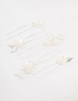 Silver Wire Flower & Pearl Bridal Hair Pins