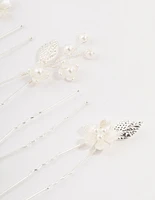 Silver Wire Flower & Pearl Bridal Hair Pins