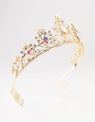 Gold Pear Shaped Stones & Pearls Tiara