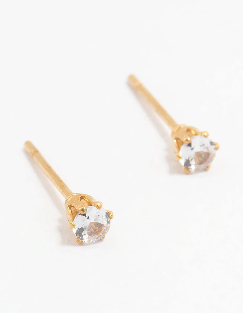 Gold Plated Stainless Steel Cubic Zirconia Stud Earrings 3 MM