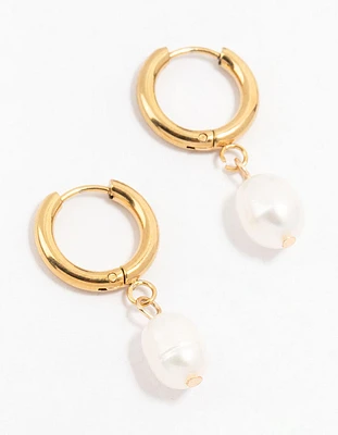 Waterproof Gold Plated Stainless Steel Freshwater Pearl Drop Huggie Earrings