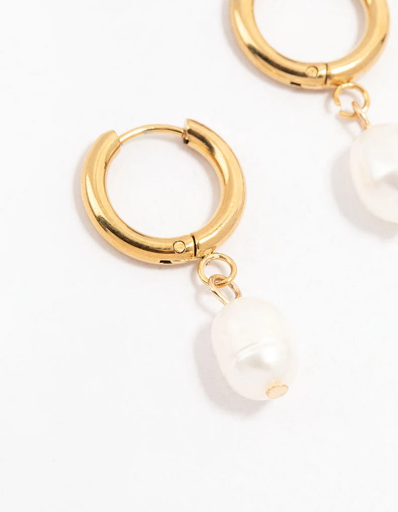 Gold Plated Stainless Steel Freshwater Pearl Drop Huggie Earrings