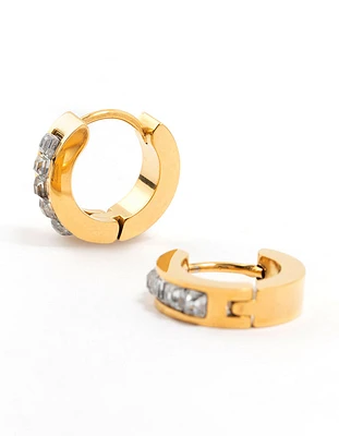 Waterproof Gold Plated Stainless Steel Square Cut Diamante Huggie Earrings