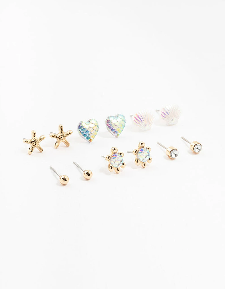 Kids Gold Sea Theme Stud Earrings 6-Pack