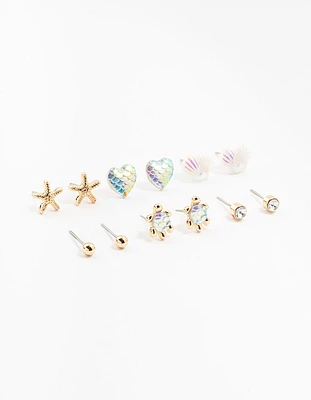 Kids Gold Sea Theme Stud Earrings 6-Pack