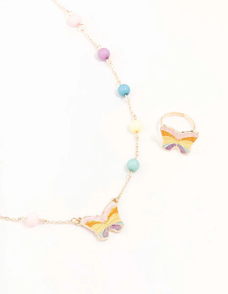 Kids Rainbow Gold Butterfly Necklace & Ring Pack