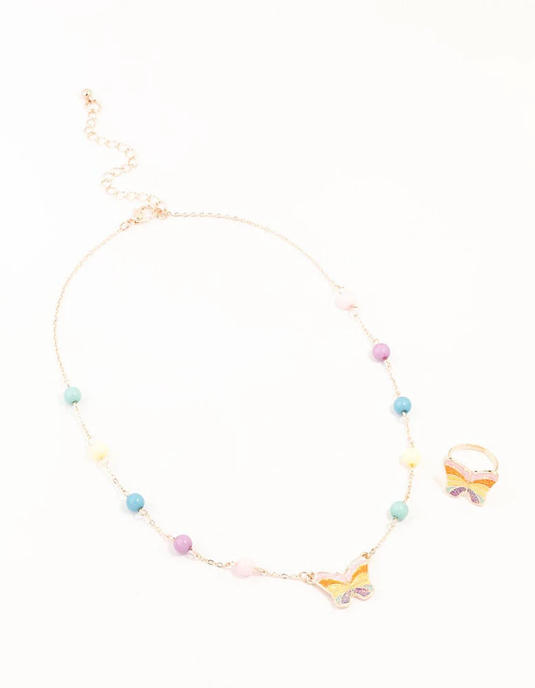 Kids Rainbow Gold Butterfly Necklace & Ring Pack