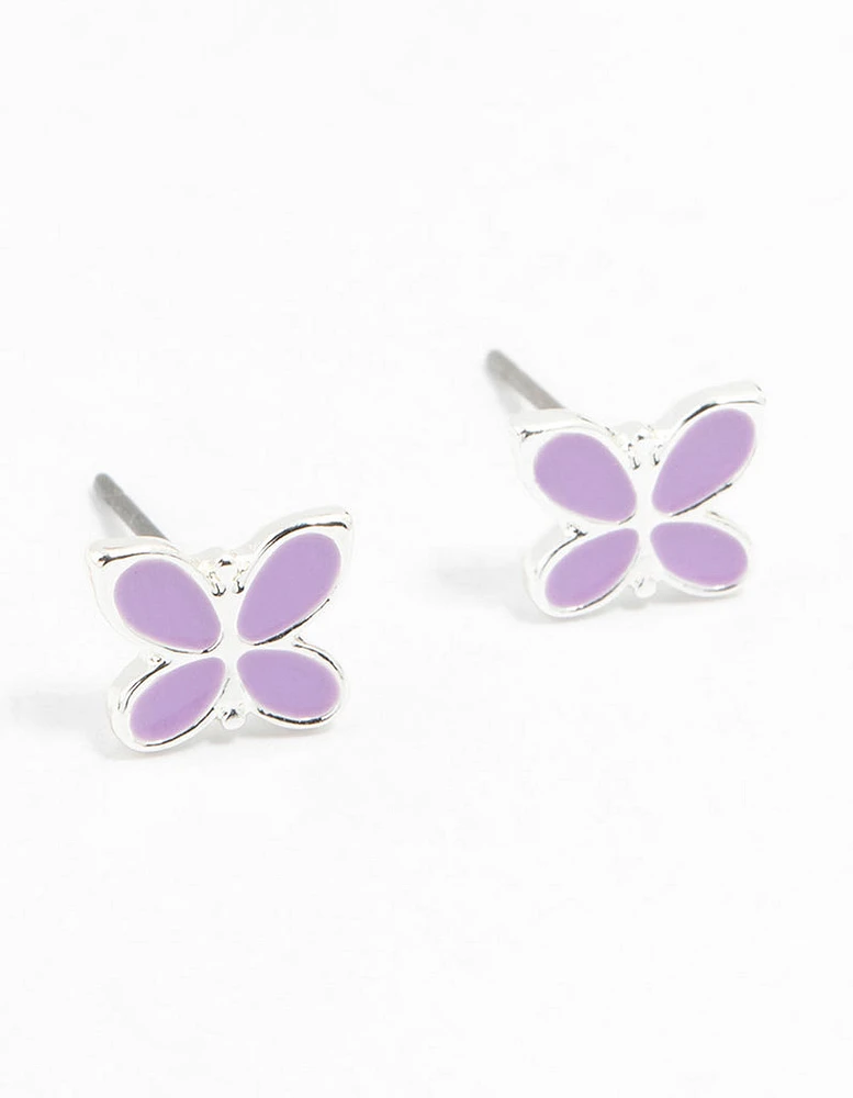 Silver Purple Butterfly Stud Earrings