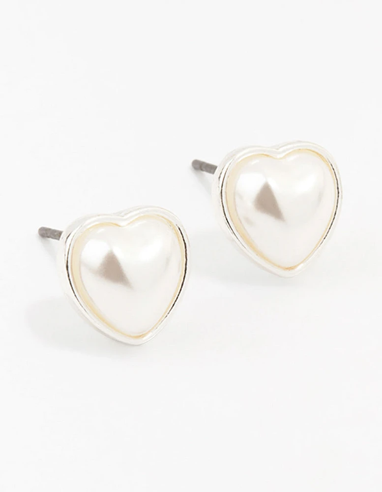 Silver Pearl Heart Stud Earrings