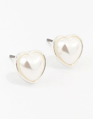 Silver Pearl Heart Stud Earrings