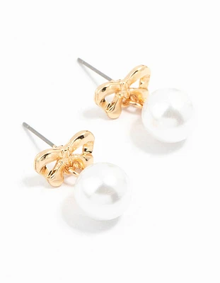 Gold  Pearl Drop Bow Stud Earrings