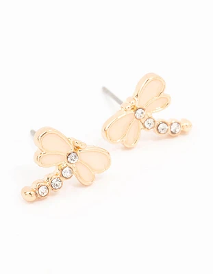 Gold Diamante Dragonfly Stud Earrings