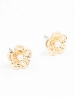 Gold Pearl Flower Stud Earrings