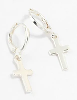 Silver Plain Cross Huggie Earrings